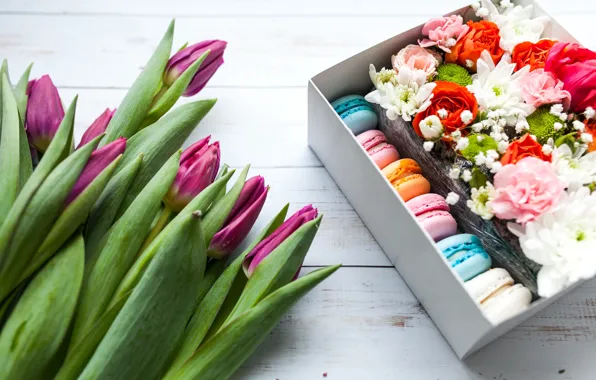 Box, roses, cookies, tulips, Chrysanthemum, Wild flowers