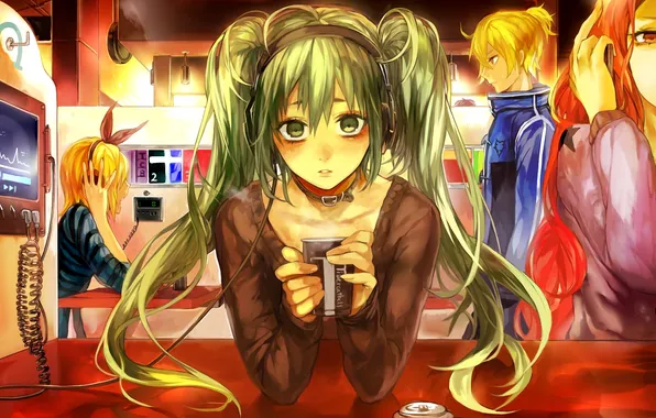 Picture girl, music, wire, headphones, art, guy, vocaloid, hatsune miku