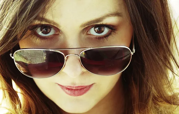Picture look, girl, face, hair, sunglasses, brown eyes