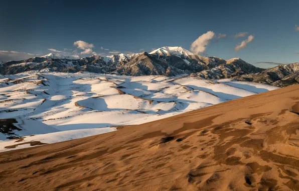 Picture sand, the sky, clouds, snow, mountains, hills