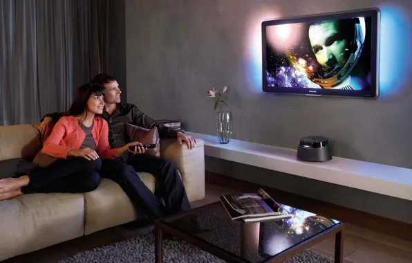 Smile, sofa, movie, TV, pair, remote, vase, table