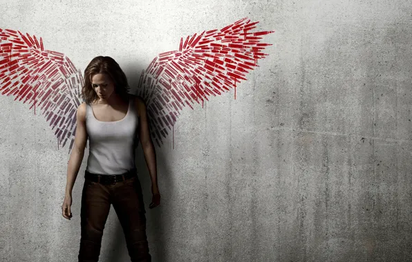 Picture girl, background, wall, figure, wings, jeans, Mike, red