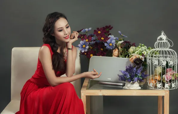 Girl, flowers, Asian