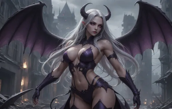 Girl, the demon, fantasy, horns, devastation