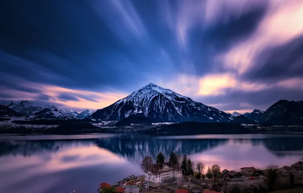 Picture mountains, lake, building, home, Switzerland, town, Switzerland, Lake Thun