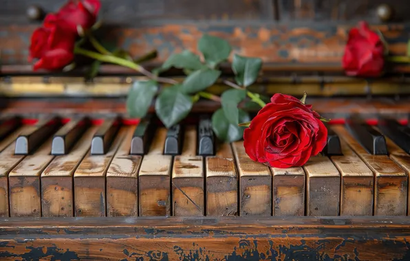 Flower, music, fading, stems, rose, roses, keys, red