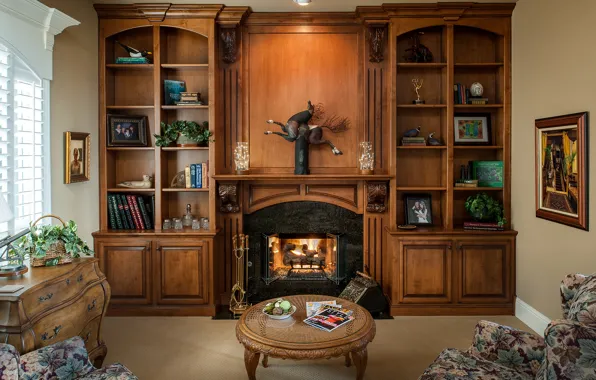 Furniture, books, fireplace, office, table, decor