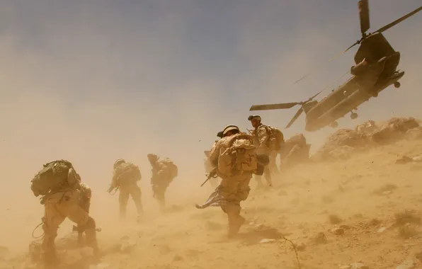 Picture the wind, dust, helicopter, soldiers, Afghanistan