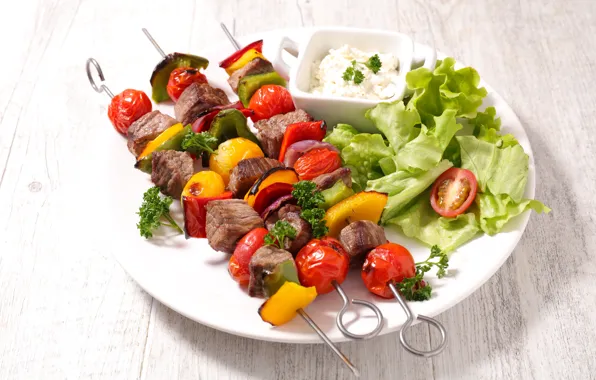 Table, plate, meat, vegetables, bokeh, salad, kebabs