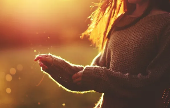 Girl, sunset, sweater, outdoors, a ray of sunshine