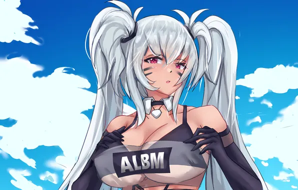 Girl, sexy, cleavage, blouse, sky, long hair, boobs, anime