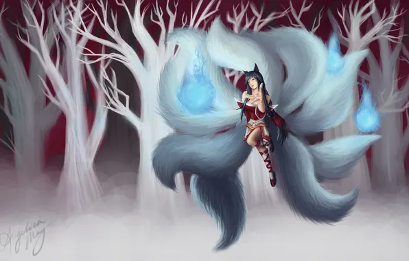 Picture forest, look, girl, magic, gesture, art, league of legends, Ahri