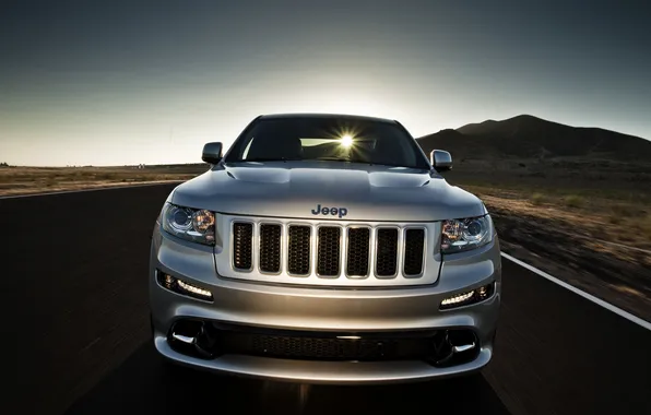 Sunset, The sun, The sky, Grey, The hood, SRT8, cherokee, Jeep