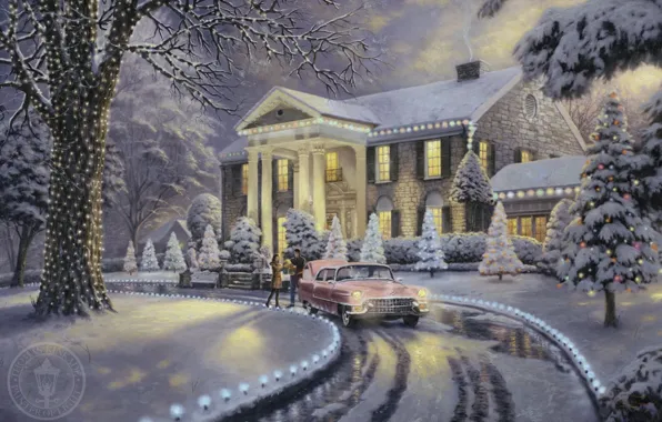 Frost, car, machine, snow, lights, lights, house, retro