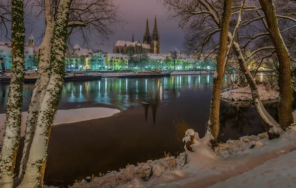 Winter, snow, trees, the city, river, building, home, the evening