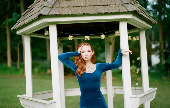 Girl, grass, dress, trees, woman, blue, model, redhead
