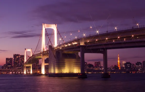 The sky, clouds, night, bridge, lights, building, home, Japan