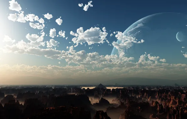 Picture clouds, rocks, planet, pyramid, the cosmic truth