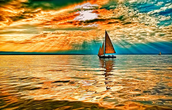 Picture the sky, clouds, rays, lake, yacht, sail, Radka