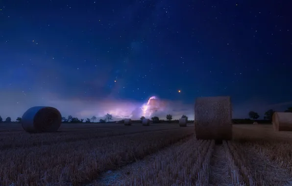 Field, stars, night, hay, bales, straw, bales