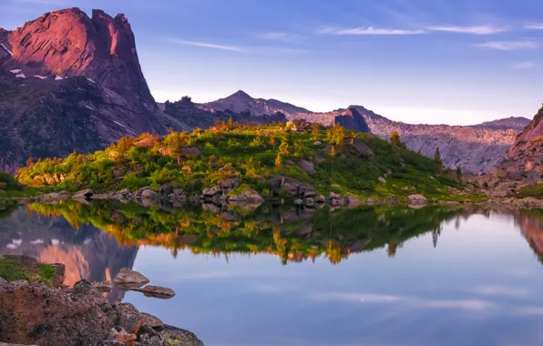 Picture grass, water, mountains, lake, reflection, stones
