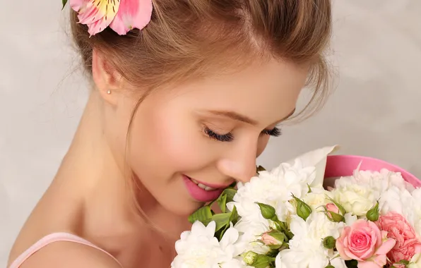 Picture flowers, close-up, roses, bouquet, makeup, hairstyle, beauty, redhead