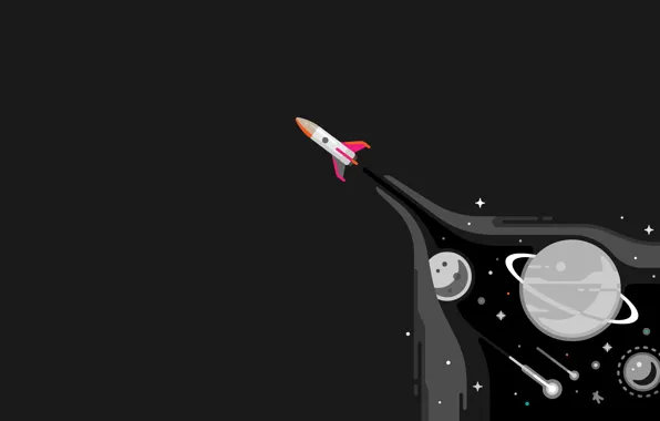 Picture fantasy, minimalism, stars, planets, digital art, artwork, black background, rocket