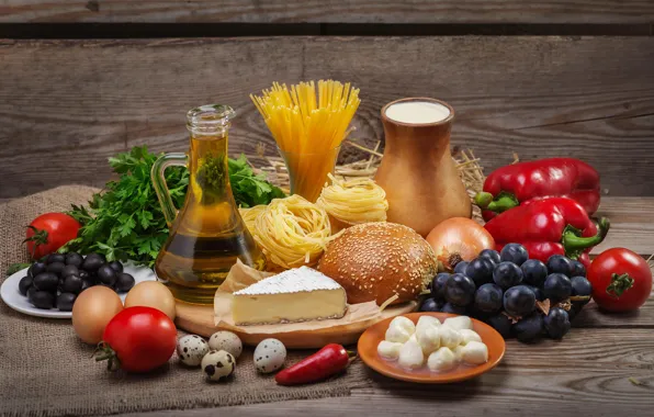 Cheese, vegetables, spices, buns, cheese, vegetables, pasta, spices