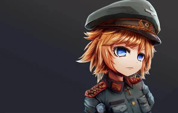 Girl, soldier, military, war, anime, chibi, blue eyes, face