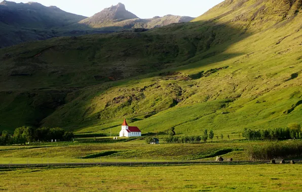 Picture mountains, green, slope, village, Church, Iceland, Vika