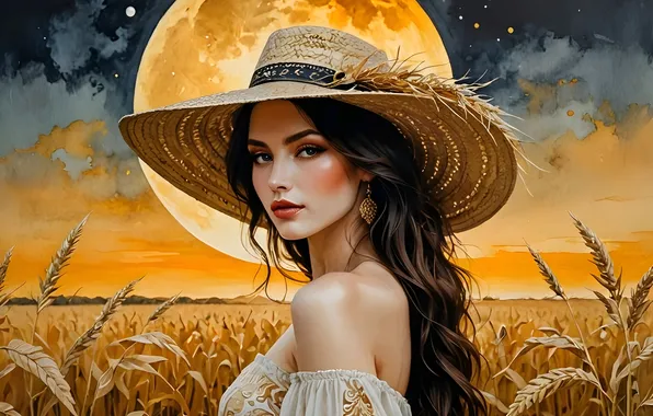 Field, look, girl, night, pose, the moon, portrait, hat