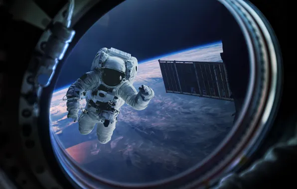 Picture space, astronaut, the atmosphere, art, Earth, the window, gravity, beautiful