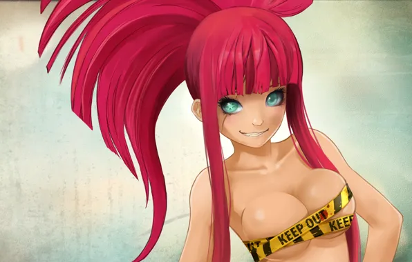 Girl, art, tail, tape, scar, grin, asterisk, pink hair