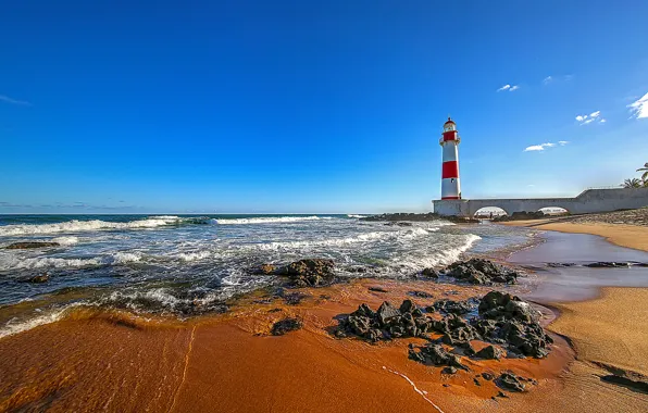 Wave, beach, clouds, lighthouse, horizon, Brazil, blue sky, Salvador