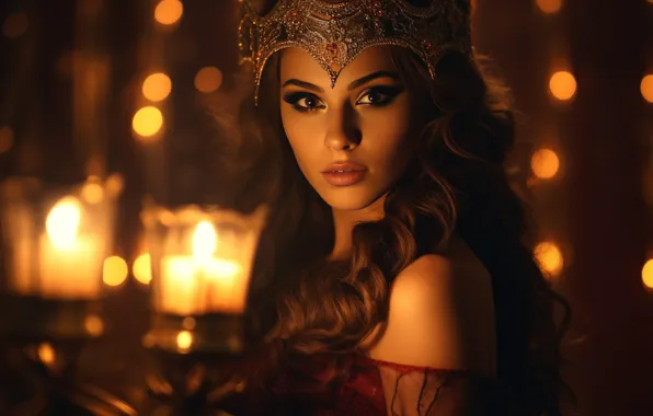 Look, girl, lights, portrait, candles, makeup, brown hair, decoration