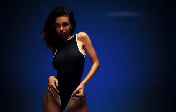 Swimsuit, girl, brunette, blue background, body, neon light, Maxim Gontarev