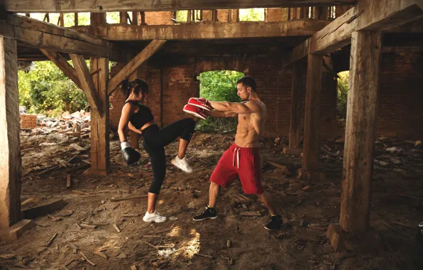 Picture girl, Boxing, blow, the ruins, gloves, guy, two, athletes