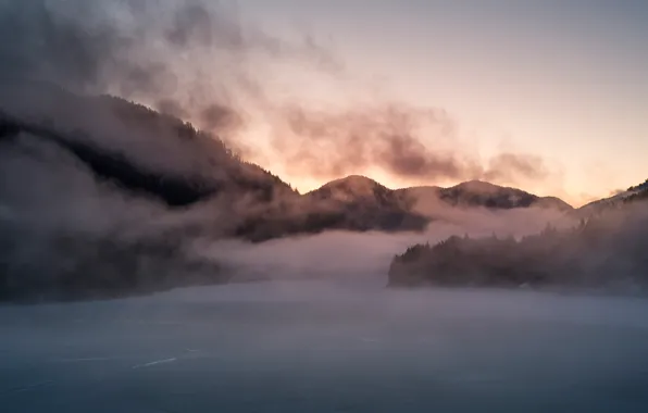 Winter, forest, snow, mountains, nature, fog, river, hills