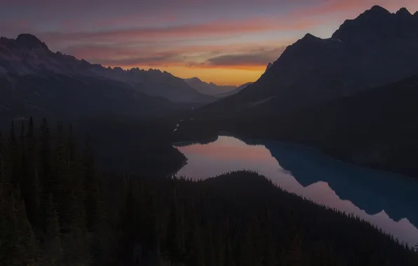 Forest, clouds, sunset, mountains, night, fog, lake, reflection