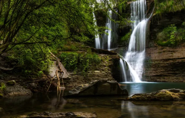 Greens, forest, trees, rock, stones, waterfall, Spain