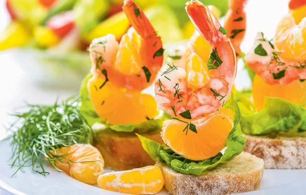 Dill, bread, shrimp, Mandarin, canapés