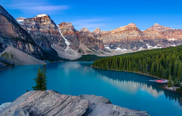 Forest, mountains, lake, blue, stones, blue, shore, tops