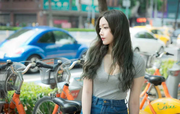Summer, look, girl, machine, the city, street, model, jeans