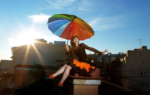 Girl, the sun, the city, smile, umbrella, background, widescreen, Wallpaper