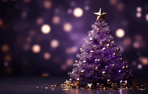 Balls, lights, the dark background, star, Shine, Christmas, purple, New year