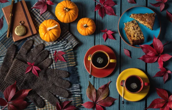 Picture autumn, leaves, watch, coffee, scarf, pie, handle, pumpkin