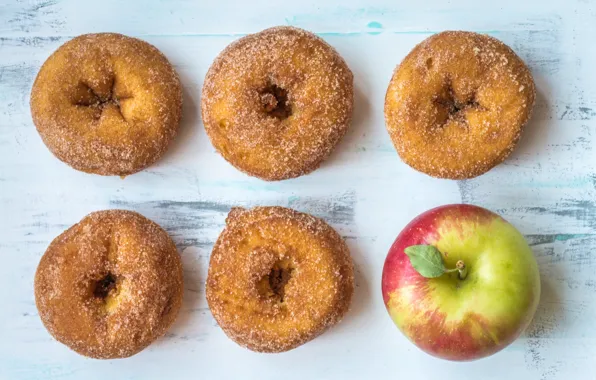 Apple, sugar, donuts