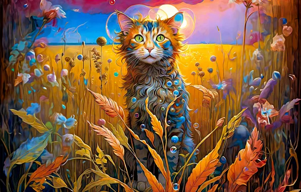 Field, cat, cat, look, leaves, sunset, nature, stems