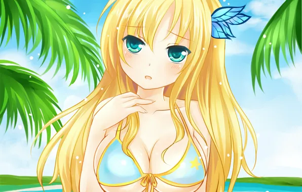 Girl, sexy, cleavage, sky, long hair, sea, boobs, anime