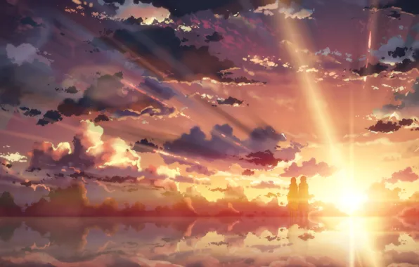 Picture the sky, water, girl, the sun, clouds, sunset, reflection, anime